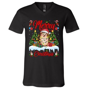 Hedgehog Christmas Hedgehog Xmas Tree Lighting Santa Hat V-Neck T-Shirt