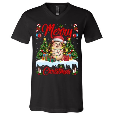 Hedgehog Christmas Hedgehog Xmas Tree Lighting Santa Hat V-Neck T-Shirt