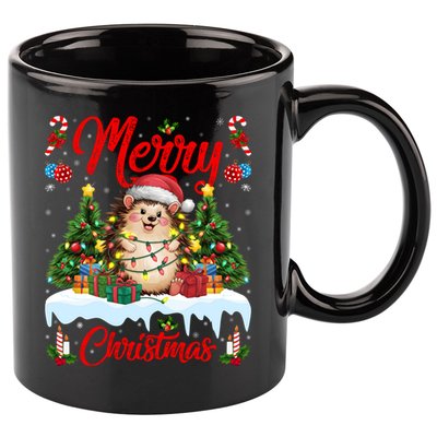 Hedgehog Christmas Hedgehog Xmas Tree Lighting Santa Hat 11oz C Handle Ceramic Mug
