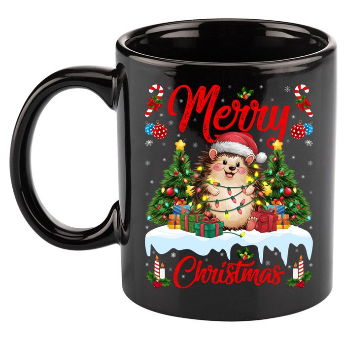Hedgehog Christmas Hedgehog Xmas Tree Lighting Santa Hat 11oz C Handle Ceramic Mug