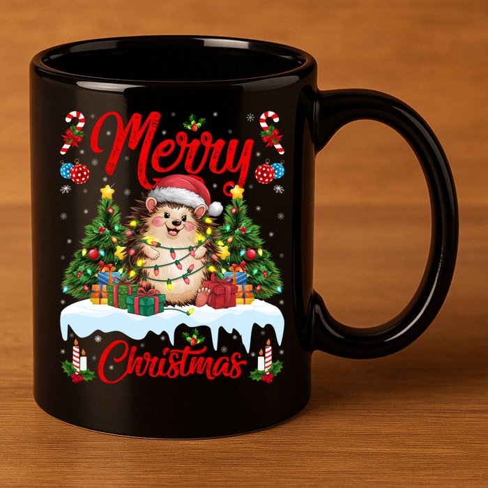 Hedgehog Christmas Hedgehog Xmas Tree Lighting Santa Hat 11oz C Handle Ceramic Mug