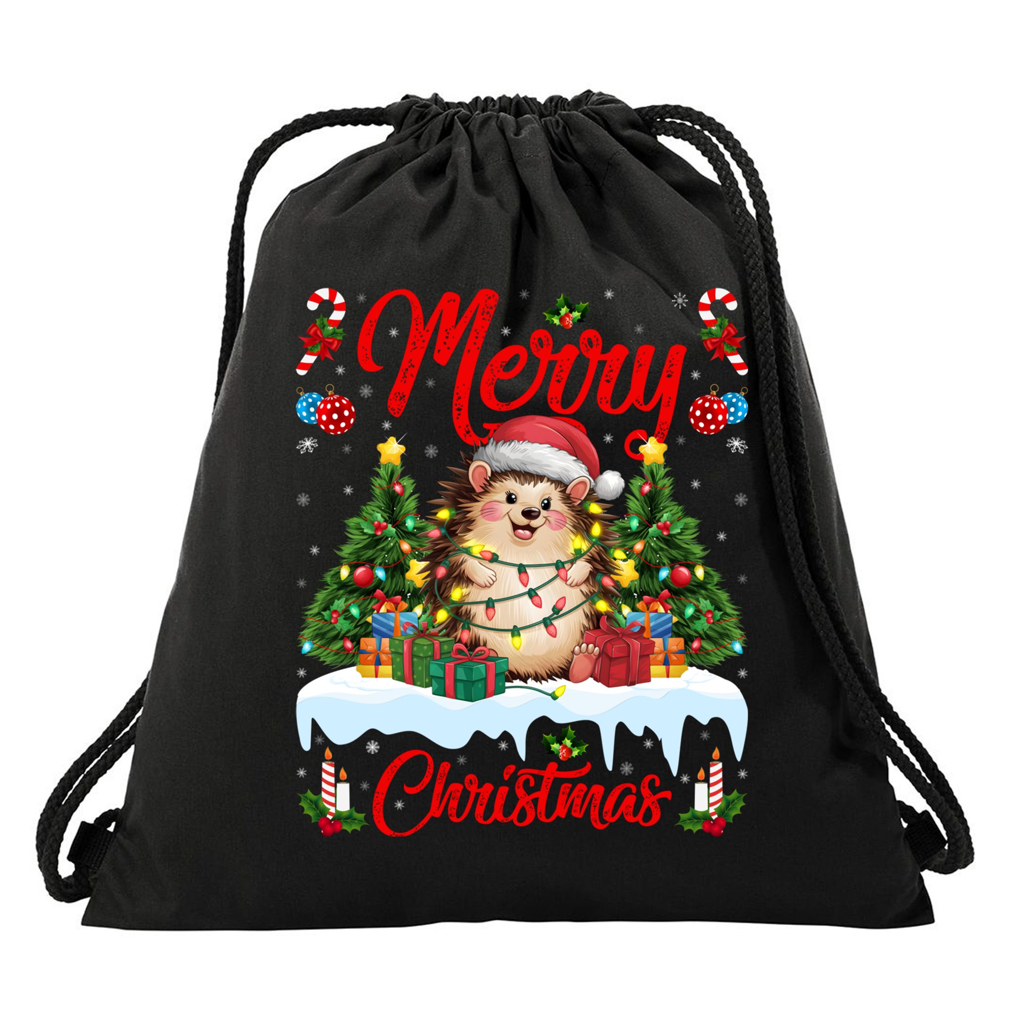 Hedgehog Christmas Hedgehog Xmas Tree Lighting Santa Hat Drawstring Bag