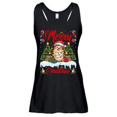 Hedgehog Christmas Hedgehog Xmas Tree Lighting Santa Hat Ladies Essential Flowy Tank