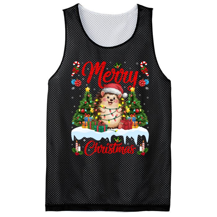 Hedgehog Christmas Hedgehog Xmas Tree Lighting Santa Hat Mesh Reversible Basketball Jersey Tank