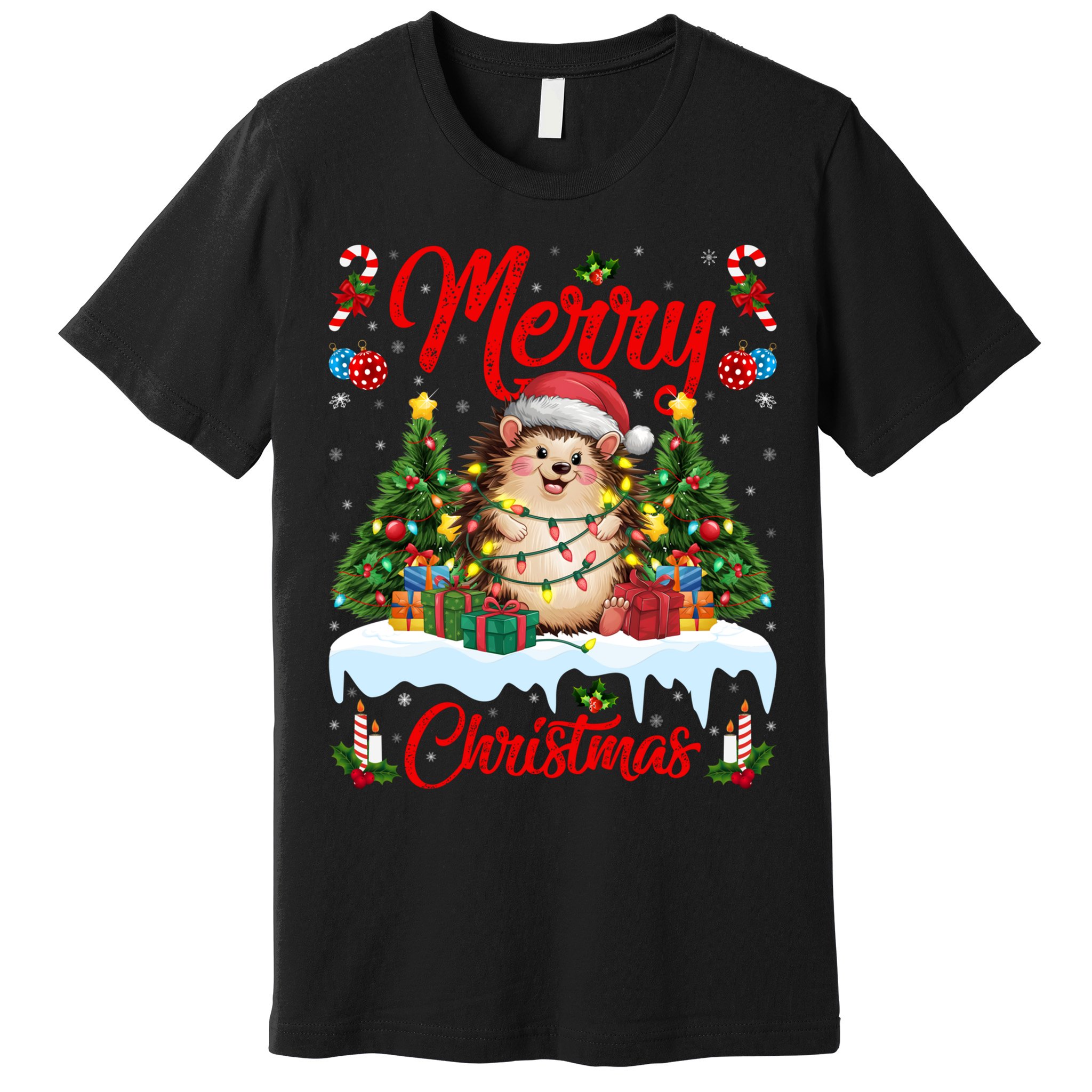 Hedgehog Christmas Hedgehog Xmas Tree Lighting Santa Hat Premium T-Shirt