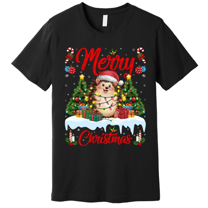 Hedgehog Christmas Hedgehog Xmas Tree Lighting Santa Hat Premium T-Shirt