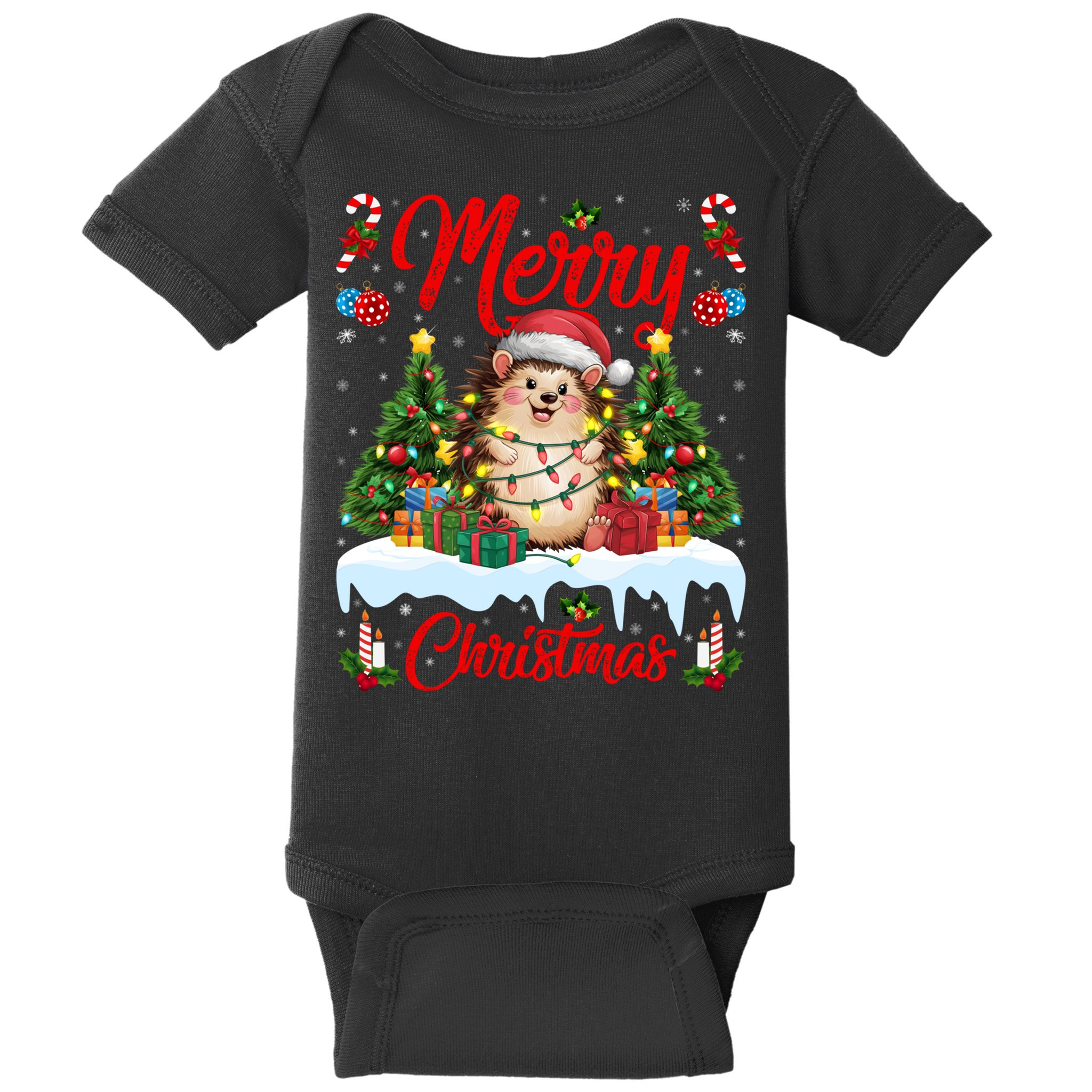 Hedgehog Christmas Hedgehog Xmas Tree Lighting Santa Hat Baby Bodysuit
