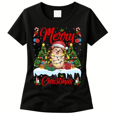 Hedgehog Christmas Hedgehog Xmas Tree Lighting Santa Hat Womens T-Shirt