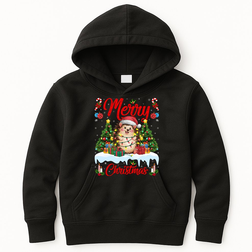 Hedgehog Christmas Hedgehog Xmas Tree Lighting Santa Hat Kids Hoodie
