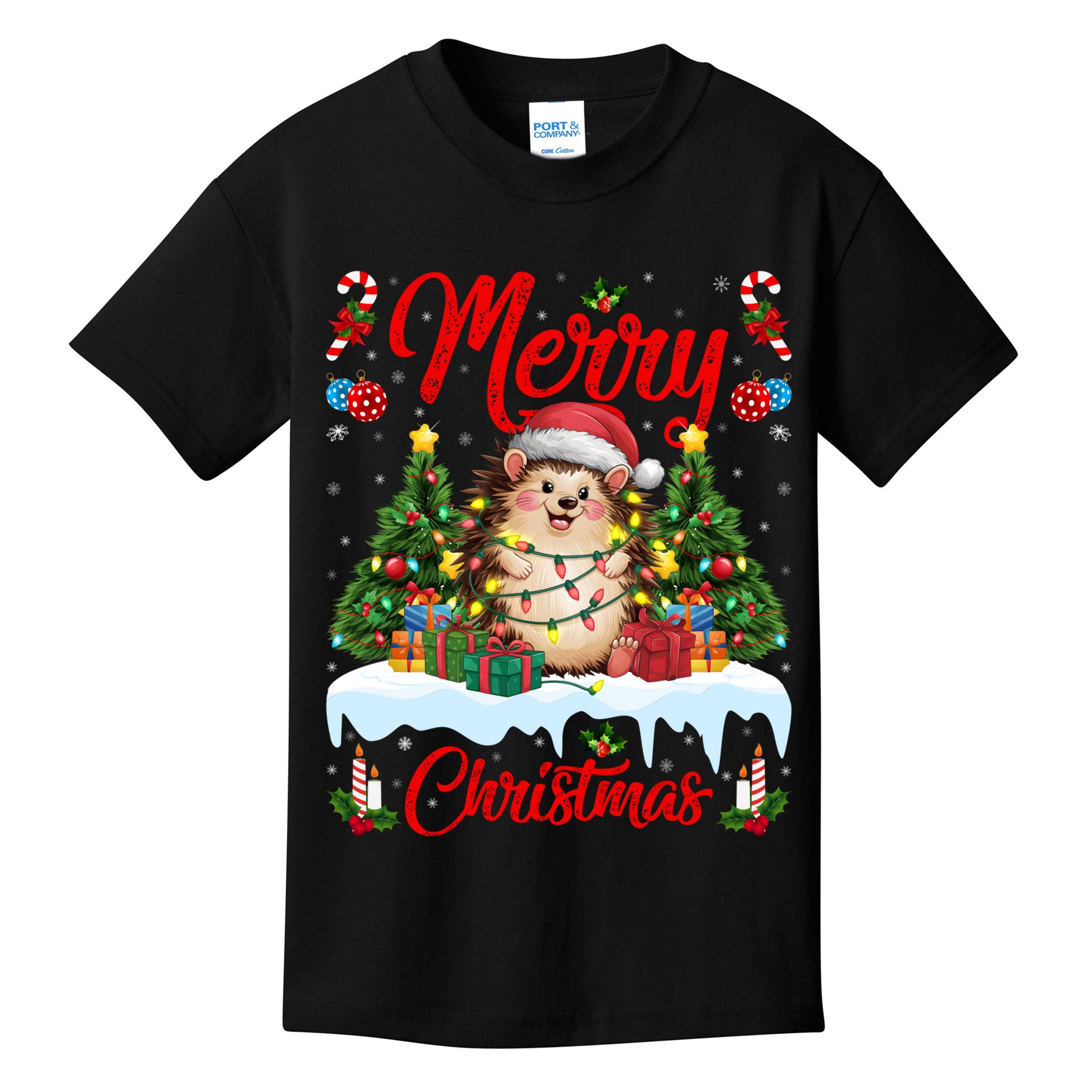 Hedgehog Christmas Hedgehog Xmas Tree Lighting Santa Hat Kids T-Shirt