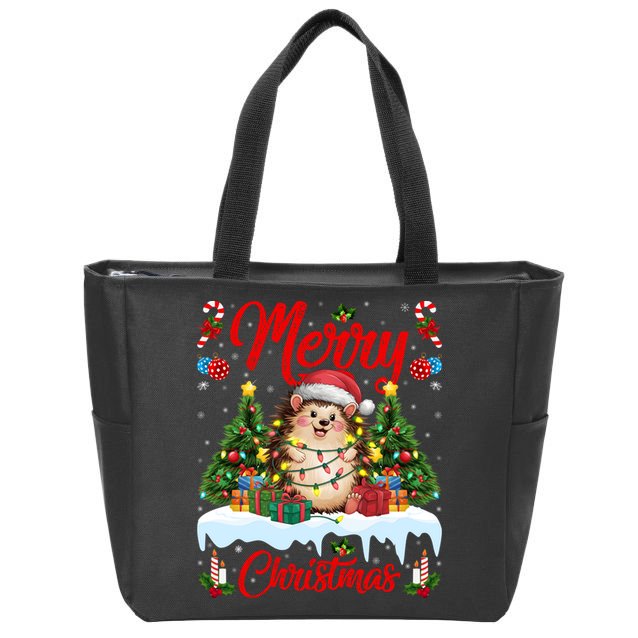Hedgehog Christmas Hedgehog Xmas Tree Lighting Santa Hat Zip Tote Bag