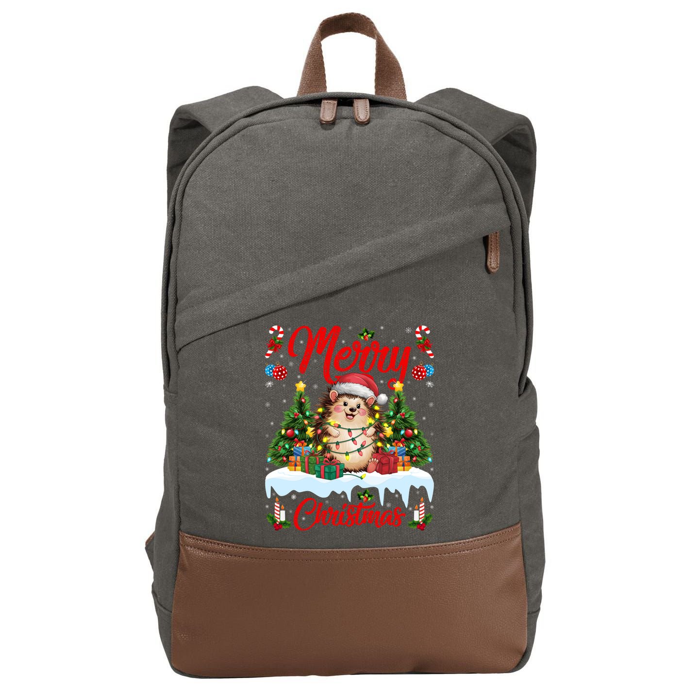 Hedgehog Christmas Hedgehog Xmas Tree Lighting Santa Hat Cotton Canvas Backpack