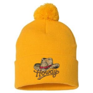 Howdy Cowboy Hat Funny Western Rodeo Pom Pom 12in Knit Beanie