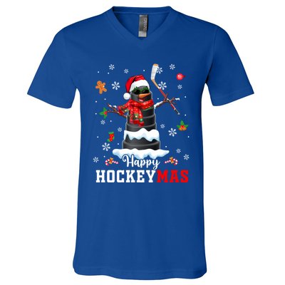 Happy Christmas Hockey Snow Sunglasses Xmas Player Gift V-Neck T-Shirt