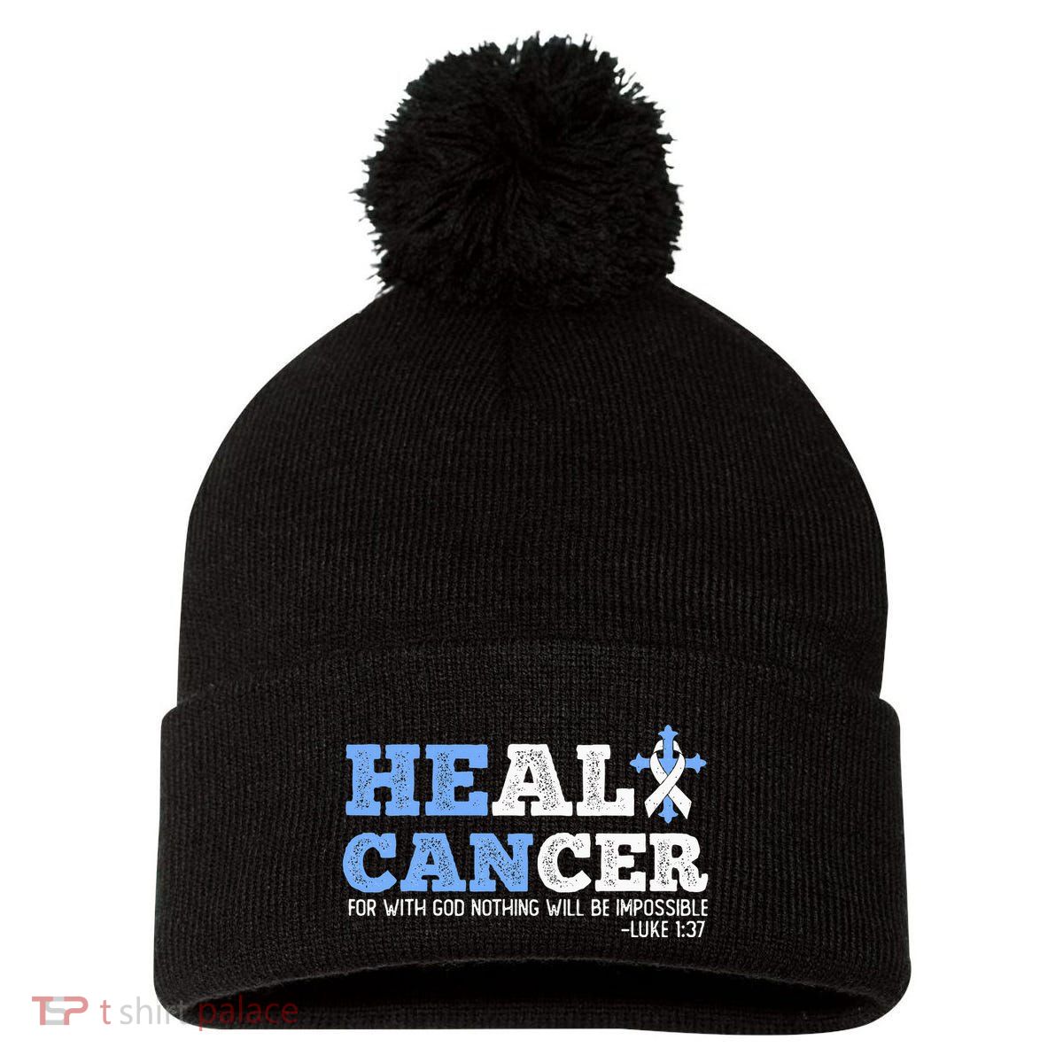 He Can Heal Cancer Lung Cancer Awareness Christian Religious Pom Pom 12in Knit Beanie