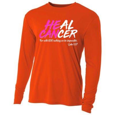 He Can Heal Cancer Luke 1:37 Breast Cancer Awareness Cooling Performance Long Sleeve Crew