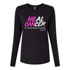 He Can Heal Cancer Luke 1:37 Breast Cancer Awareness Womens Cotton Relaxed Long Sleeve T-Shirt