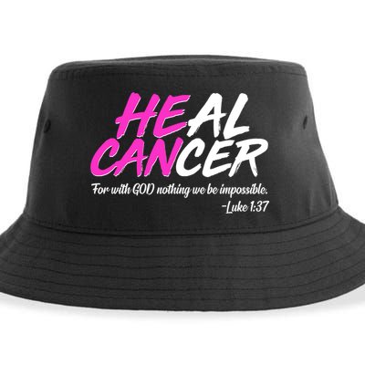 He Can Heal Cancer Luke 1:37 Breast Cancer Awareness Sustainable Bucket Hat