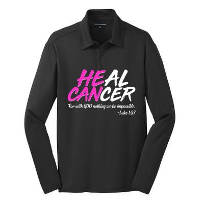 He Can Heal Cancer Luke 1:37 Breast Cancer Awareness Silk Touch Performance Long Sleeve Polo