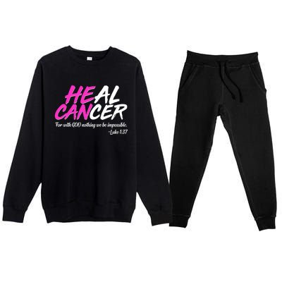 He Can Heal Cancer Luke 1:37 Breast Cancer Awareness Premium Crewneck Sweatsuit Set