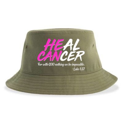 He Can Heal Cancer Luke 1:37 Breast Cancer Awareness Sustainable Bucket Hat