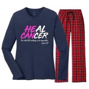 He Can Heal Cancer Luke 1:37 Breast Cancer Awareness Women's Long Sleeve Flannel Pajama Set 