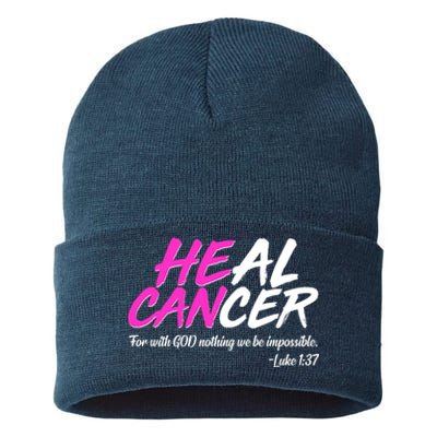 He Can Heal Cancer Luke 1:37 Breast Cancer Awareness Sustainable Knit Beanie