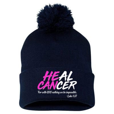 He Can Heal Cancer Luke 1:37 Breast Cancer Awareness Pom Pom 12in Knit Beanie