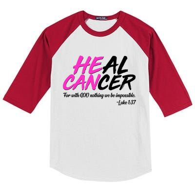 He Can Heal Cancer Luke 1:37 Breast Cancer Awareness Kids Colorblock Raglan Jersey