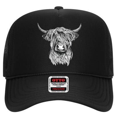 Highland Cow Hand Drawn Illustration High Crown Mesh Back Trucker Hat