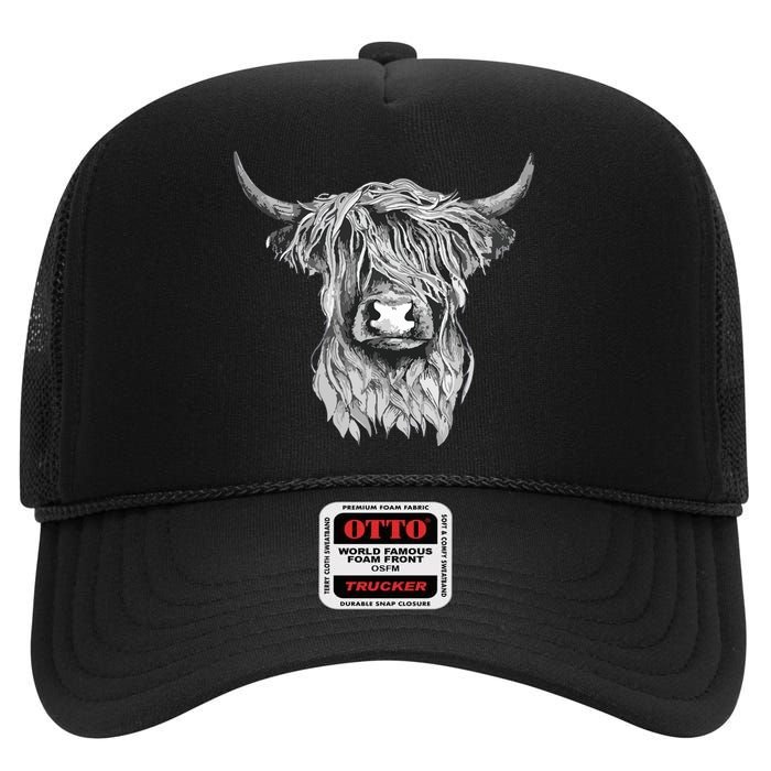 Highland Cow Hand Drawn Illustration High Crown Mesh Back Trucker Hat