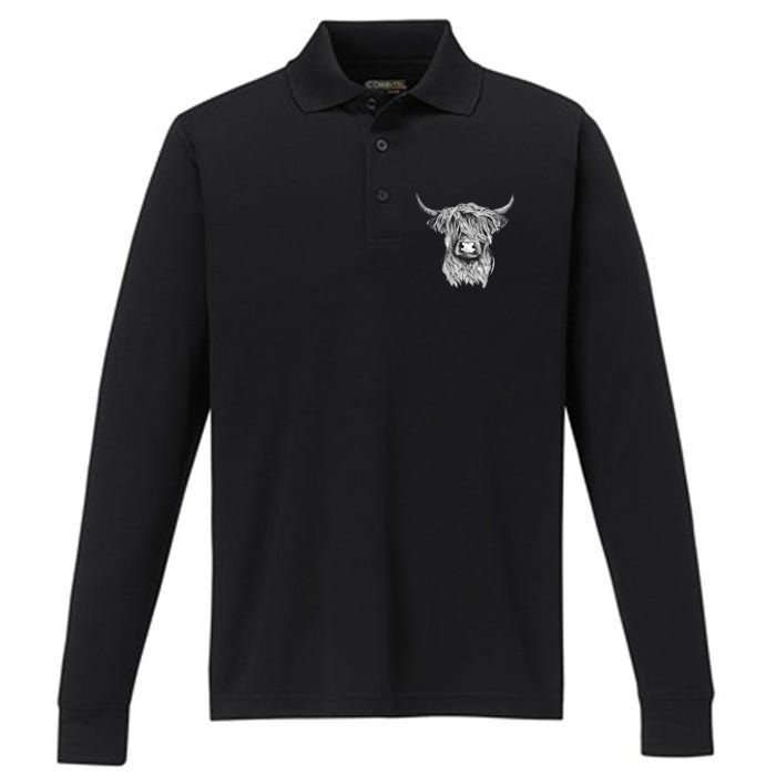 Highland Cow Hand Drawn Illustration Performance Long Sleeve Polo