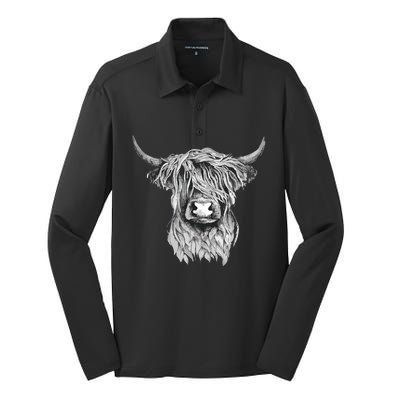 Highland Cow Hand Drawn Illustration Silk Touch Performance Long Sleeve Polo