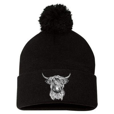 Highland Cow Hand Drawn Illustration Pom Pom 12in Knit Beanie