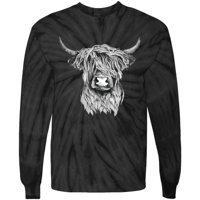 Highland Cow Hand Drawn Illustration Tie-Dye Long Sleeve Shirt