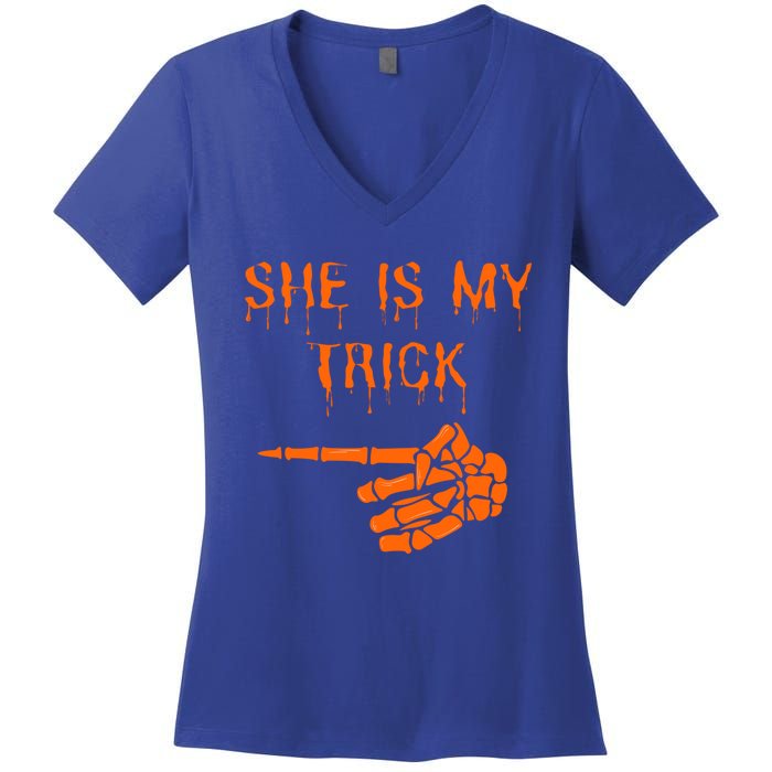 Halloween Couple Husband Costume She Is My Trick Cool Gift Women's V-Neck T-Shirt