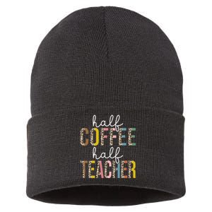 Half Coffee Half teacher First Day of School Funny Teaching Sustainable Knit Beanie