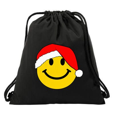 Happy Christmas Happy Face With Santa Hat Drawstring Bag