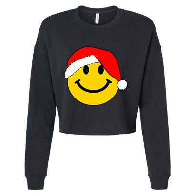 Happy Christmas Happy Face With Santa Hat Cropped Pullover Crew