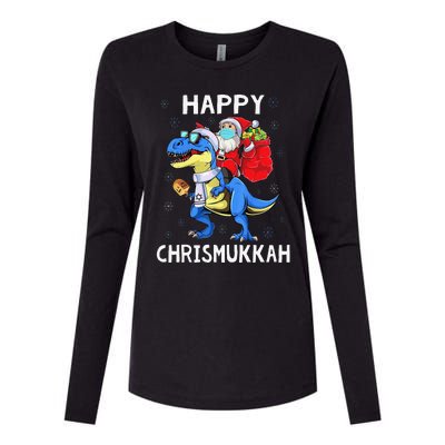 Happy Chrismukkah Hanukkah Christmas Jewis Dinosaur Santa Womens Cotton Relaxed Long Sleeve T-Shirt