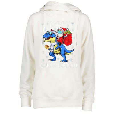 Happy Chrismukkah Hanukkah Christmas Jewis Dinosaur Santa Womens Funnel Neck Pullover Hood