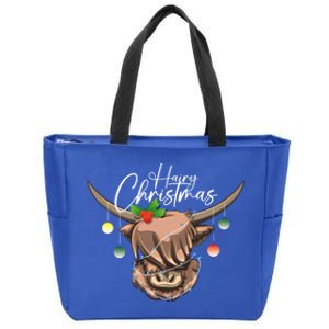 Hairy Christmas Highland Cow Christmas Light Cow Gift Zip Tote Bag