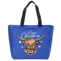 Hairy Christmas Highland Cow Christmas Light Cow Gift Zip Tote Bag