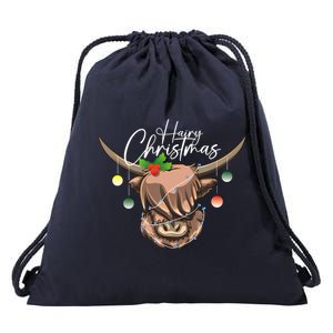 Hairy Christmas Highland Cow Christmas Light Cow Gift Drawstring Bag