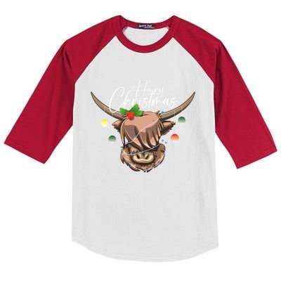 Hairy Christmas Highland Cow Christmas Light Cow Gift Kids Colorblock Raglan Jersey