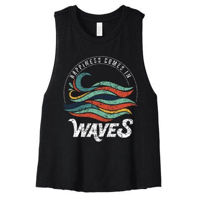 Happiness Comes In Waves  Vacation  Ocean Women's Racerback Cropped Tank