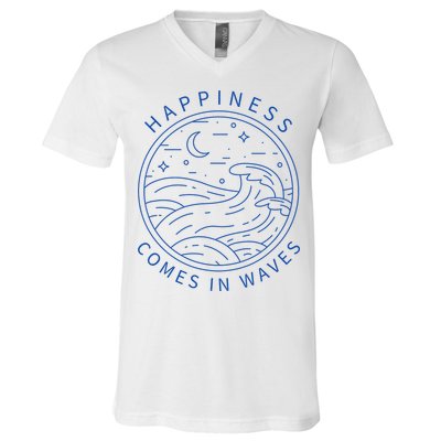 Happiness Comes In Waves Wave Surfer Surf Ocean Beach Lover V-Neck T-Shirt