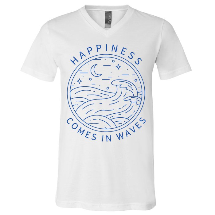 Happiness Comes In Waves Wave Surfer Surf Ocean Beach Lover V-Neck T-Shirt