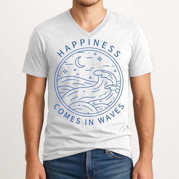 Happiness Comes In Waves Wave Surfer Surf Ocean Beach Lover V-Neck T-Shirt