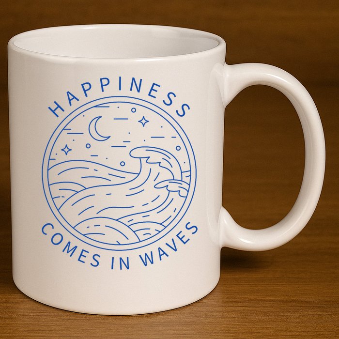 Happiness Comes In Waves Wave Surfer Surf Ocean Beach Lover 11oz C Handle Ceramic Mug